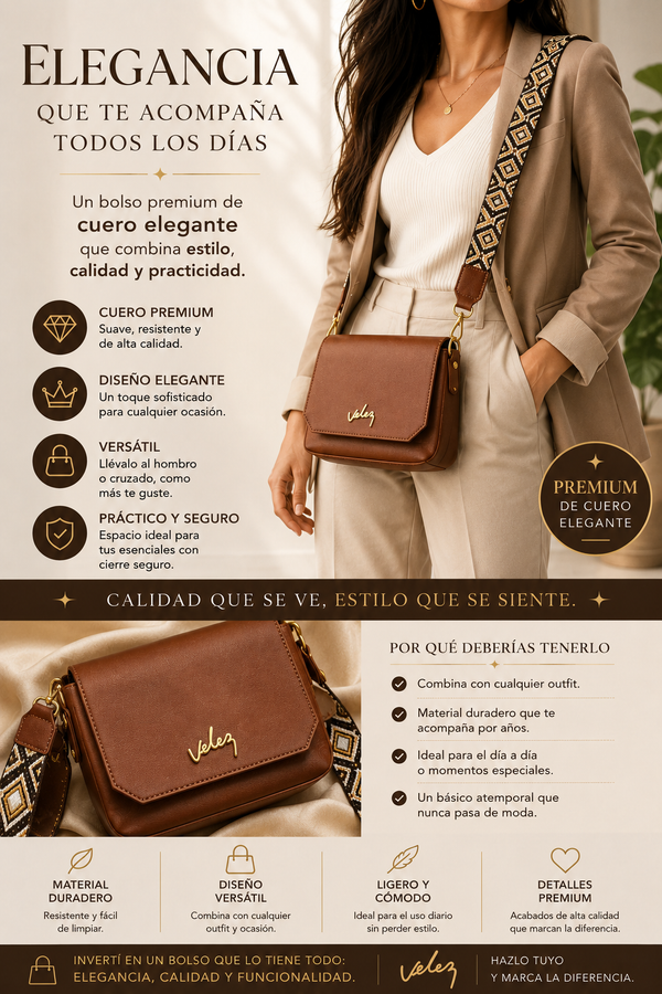 Bolso premium Elegance Velez con Correa Reata
