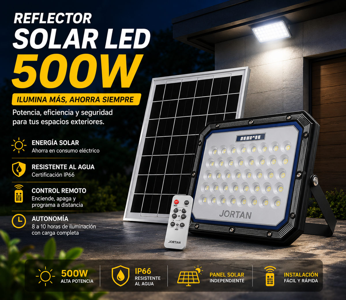 Reflector Solar LED 500W con Panel Independiente y Control Remoto